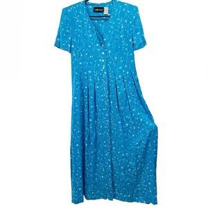 Vintage 90s Sag Harbor Electric Blue White Floral Cottagecore Fairy Button Dress